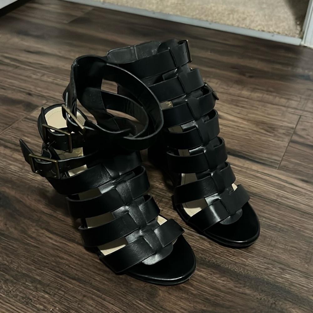 Bamboo Black Strappy Wedges